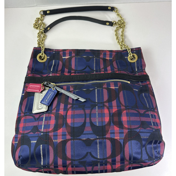 Coach Poppy Tartan Plaid Chain Crossbody Shoulder Convertible Bag Slim Tote - Picture 9 of 13